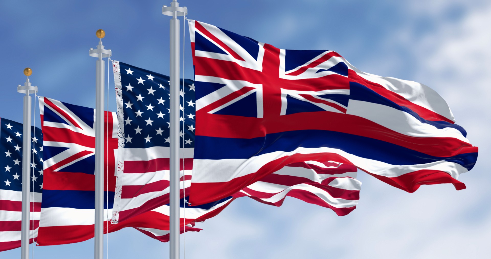 Hawaii state flag waving with the national flag of the United States of America